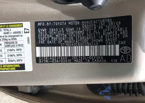 2009 Toyota Corolla Le z USA, uszkodzony, nr VIN 2T1BU40E69C094548